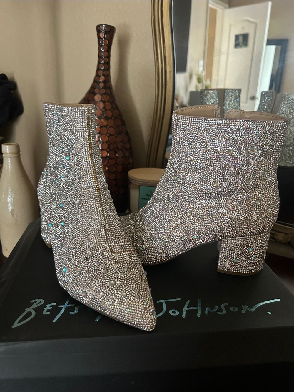 Betsey Johnson Crystal-Embellished Ankle Boots — Iridescent Silver